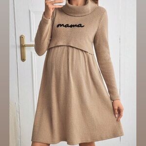 SHEIN Tan Long Sleeve Maternity Dress